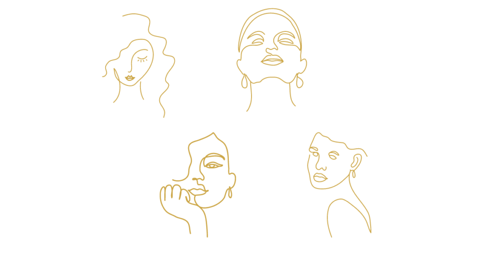 Four gold colored outlines of female faces facing forward. Blog graphic for blog post the four types of facial skin on awomansoutlook.com