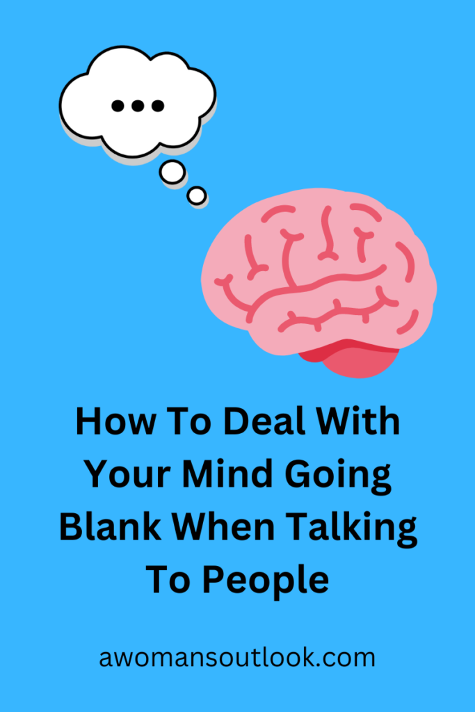 Graphic of human brain with a thought bubble above. Both are on a bright blue background. Blog graphic for blog how to deal with your mind going blank when talking to people.