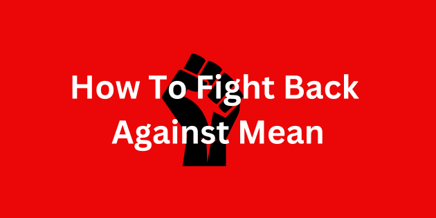 Graphic with red background black fist in center of graphic. Words how to fight back against mean are in white in center over black fist. Blog graphic for blog post for awomansoutlook.com