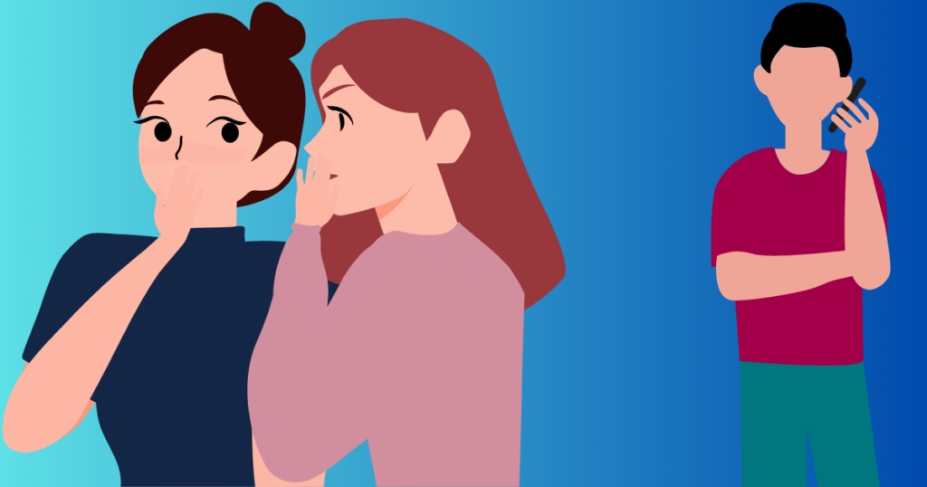 Graphic with two young women whispering to each other with young man on phone in background. The background is a gradient of light blue to medium blue, Graphic for post Why Fighting Over A Cheating Man Is Stupid at awomansoutlook.com