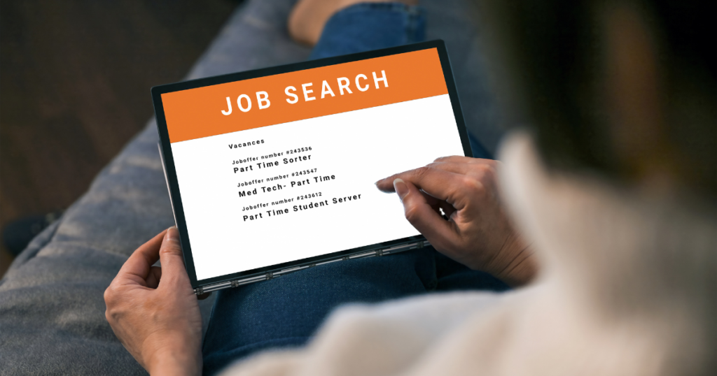 Photo of tablet screen stating the words job search. There are three positions listed. Part time sorter, Med tech part time, and part time student server. The words job search are withing an orange banner. The rest of the page is white. Blog graphic for blog post hot to find a job teen editon part 1 on awomansoutlook.com