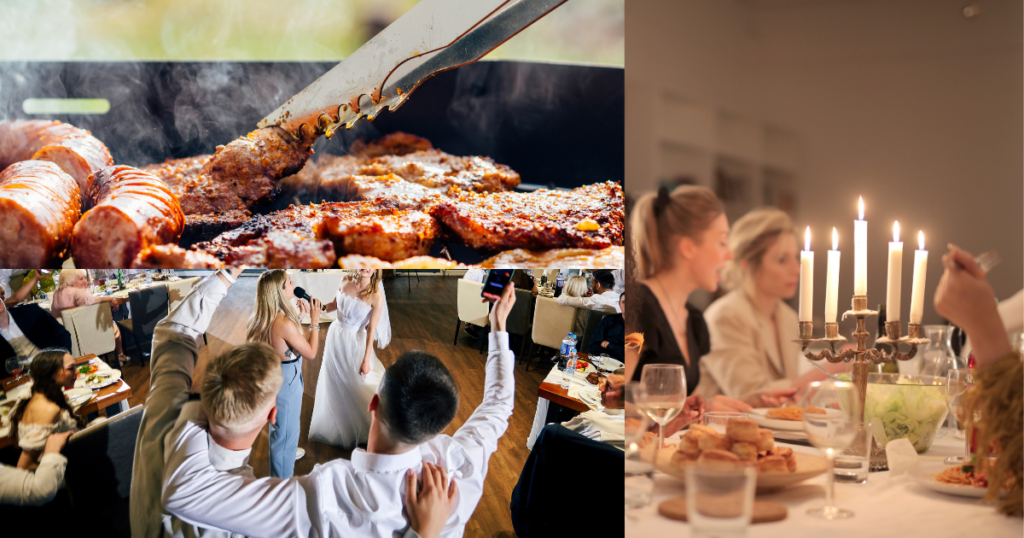 Three snapshots fused together. The top left is of a grill with steak and sausages being lathered with bbq sauce. Bottom left is 2 men raising their hands in celebration of a wedding toast. The right picture is of a candelabra in the middle of a dinner table surrounded with people. Blog graphic for blog post the lazy girls guide to simple party planning for awomansoutlook.com.
